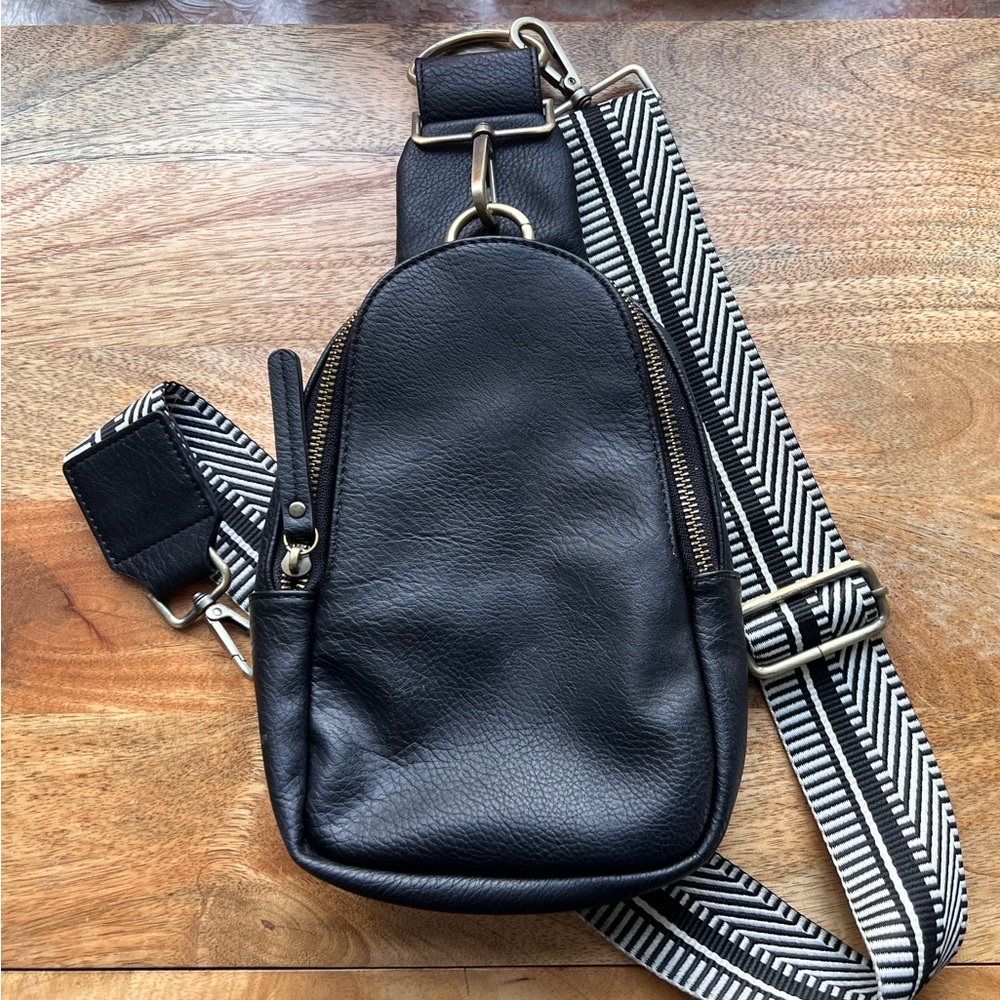 Anthropologie Black Crossbody Bag with Striped Strap